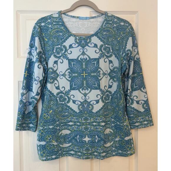 J McLaughlin Catalina Cloth Top Sz L Blue 3/4 Sleeve Stretchy Mandala Casual EUC - Picture 1 of 10